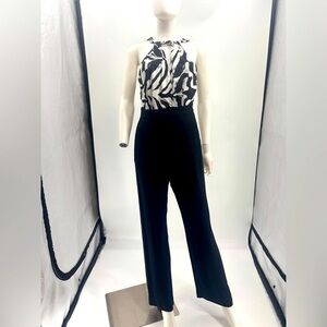 UEC Marciano size 0 wide leg jumpsuit black & white halter neckline